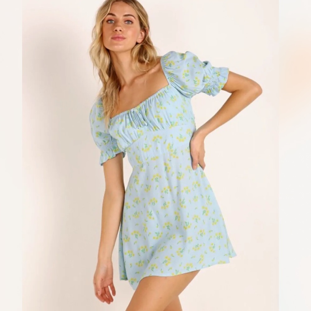 Faithfull The Brand Iris Mini Dress Blue Yellow Floral Puff  Sleeve 10 XL $260